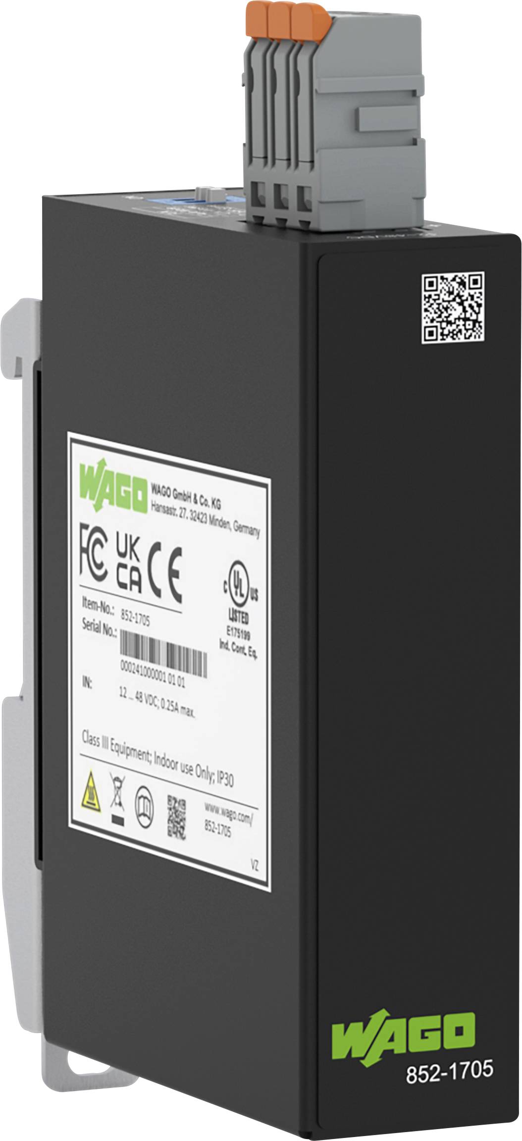 Un petit appareil électronique rectangulaire avec une étiquette affichant des logos de certification, des détails de numéro de série et le nom de marque « WAGO ».