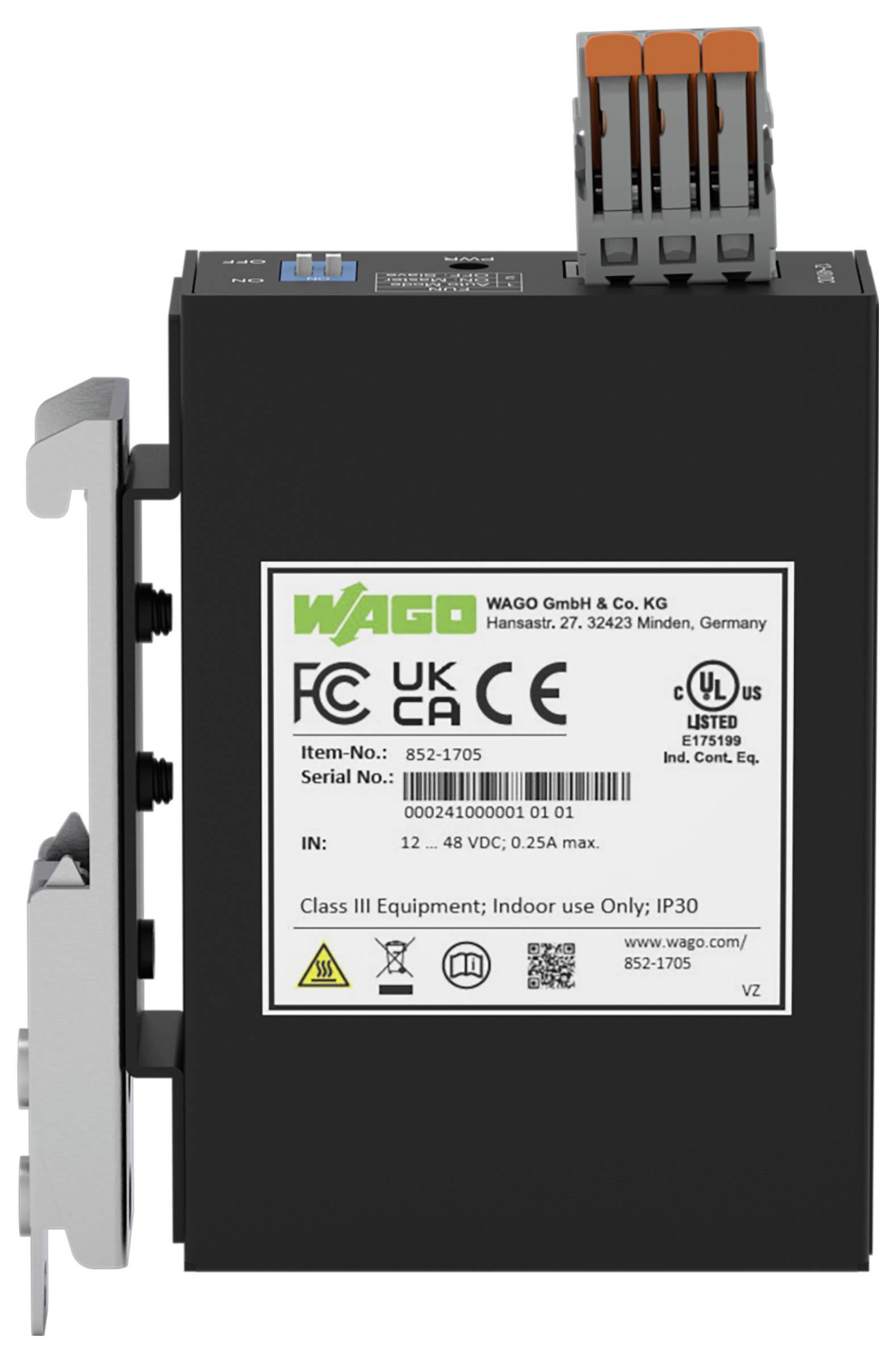 Un appareil industriel noir compact avec des ports de connexion sur le dessus, une étiquette affichant divers logos de certification, un numéro de série et les détails du fabricant.