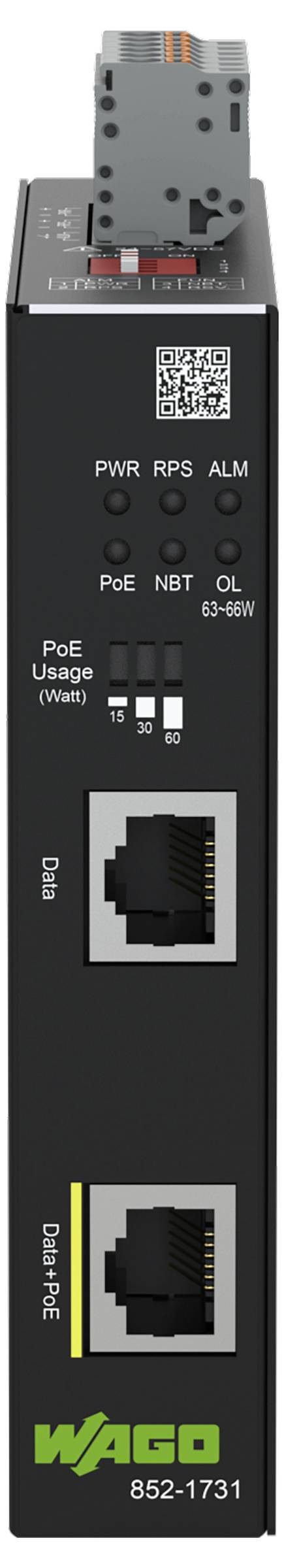 Appareil 'WAGO 852-1731' affichant les voyants PWR, RPS, ALM, l'étiquette d'utilisation PoE et les ports Ethernet pour les données, avec un bouton de réinitialisation à l'avant.