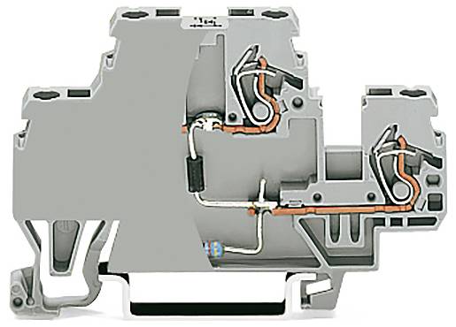 Une vue en coupe d'un bloc de bornes gris montrant les connexions en cuivre internes et les espaces pour l'insertion de fils, utilisé pour les circuits électriques.