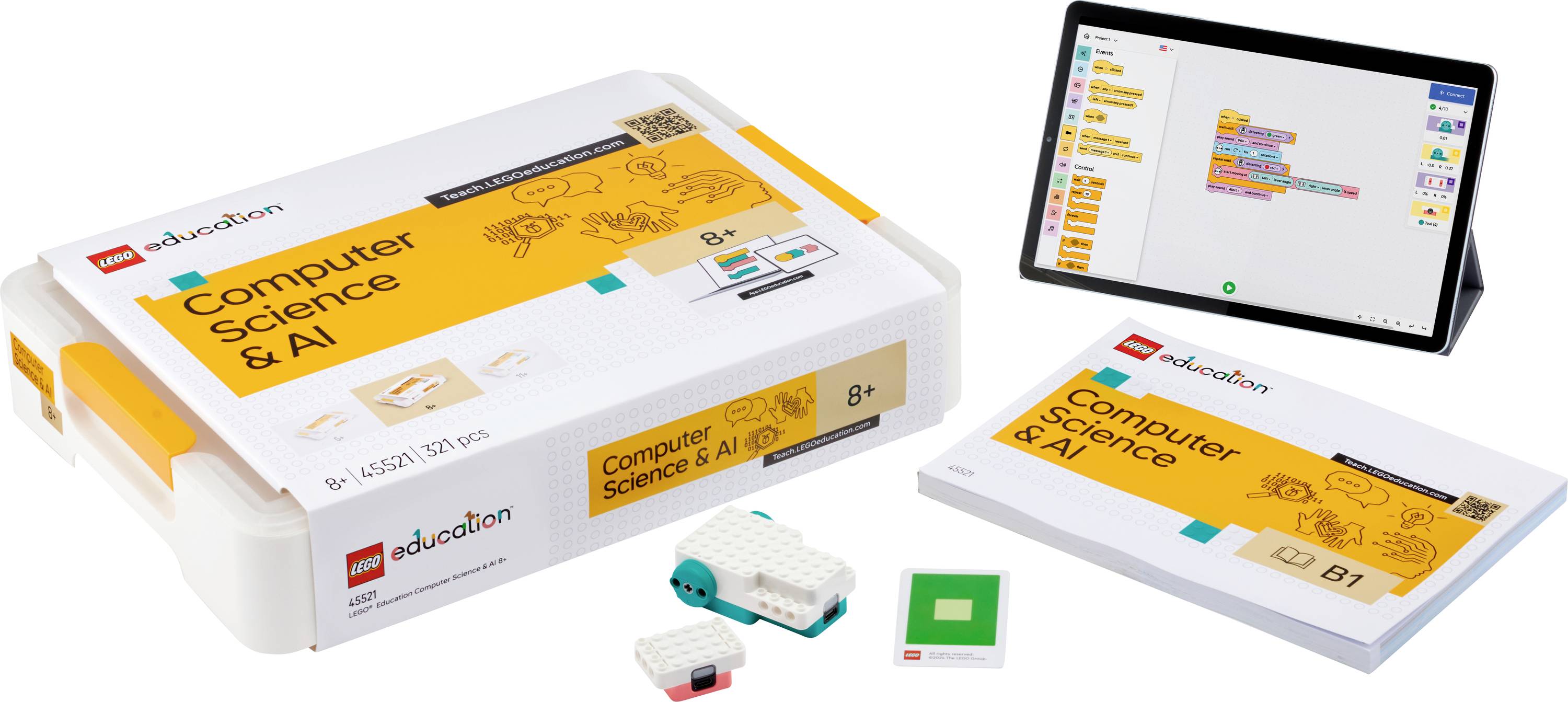 'L'ensemble Informatique et IA de Lego Education pour les enfants de 8 ans et plus, comprenant un microcontrôleur, des composants et une tablette affichant des blocs de codage.'