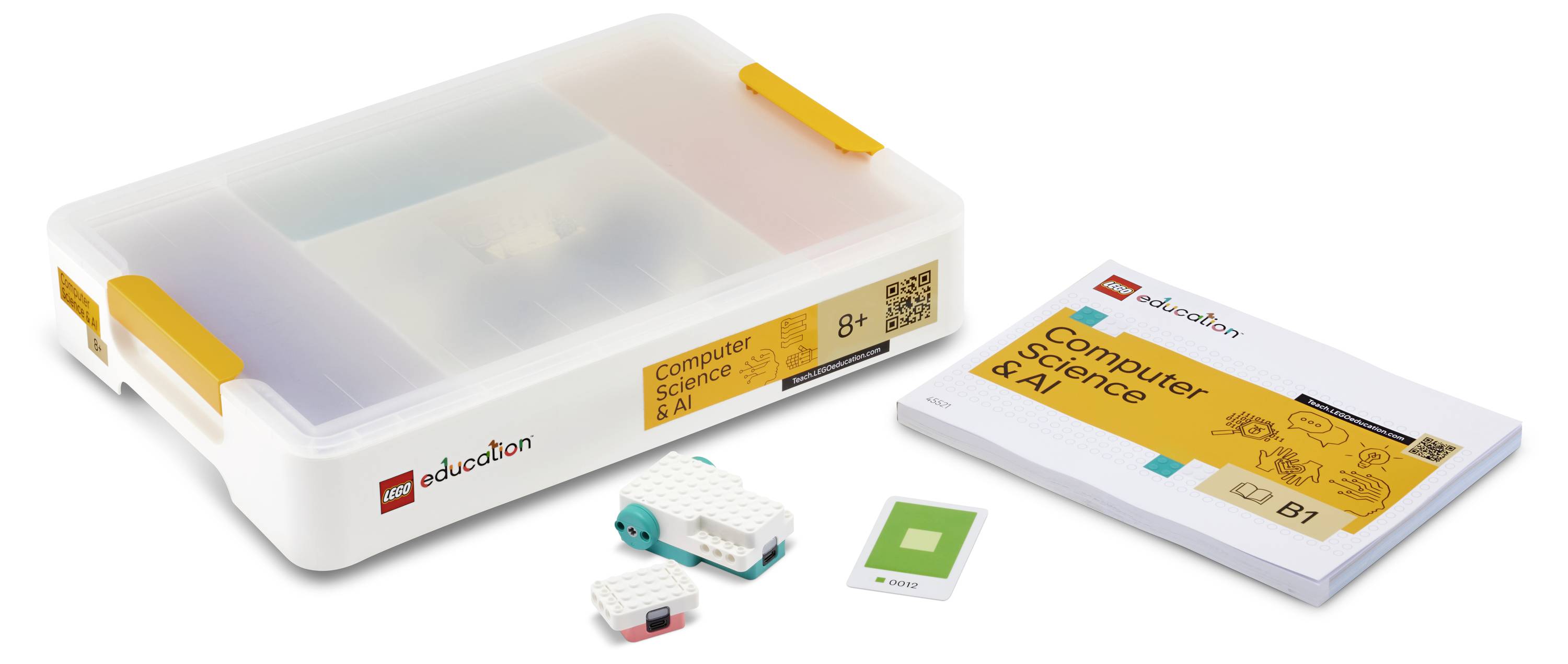 Kit « LEGO Education SPIKE Essential » avec boîte de rangement, guide d'activités et composants électroniques pour enseigner l'informatique aux enfants à partir de 8 ans.