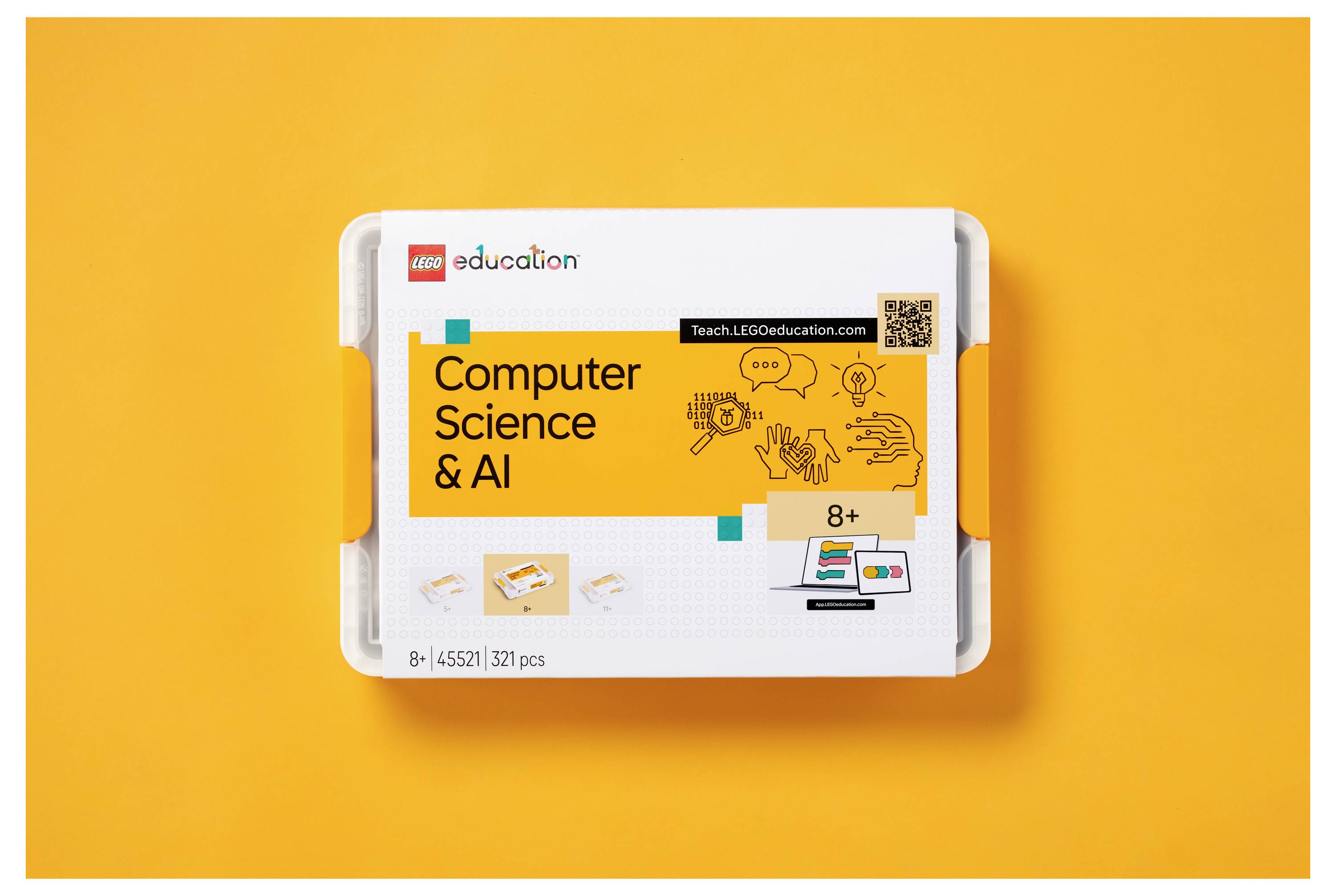 Kit LEGO Education Informatique et IA pour les enfants à partir de 8 ans, 321 pièces. Comprend des illustrations d'appareils et de concepts d'IA. Fond orange vif.