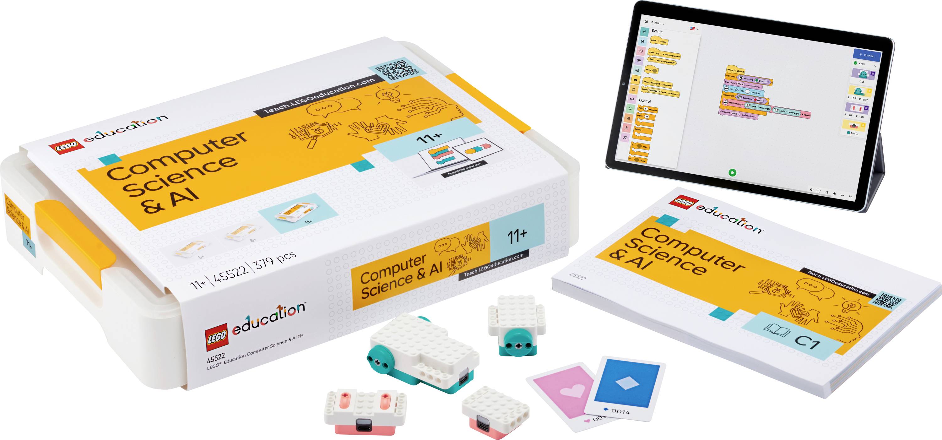 Ensemble LEGO Education pour « Informatique et IA », comprenant un module d'apprentissage, des blocs IA et une tablette affichant une interface de codage par blocs.