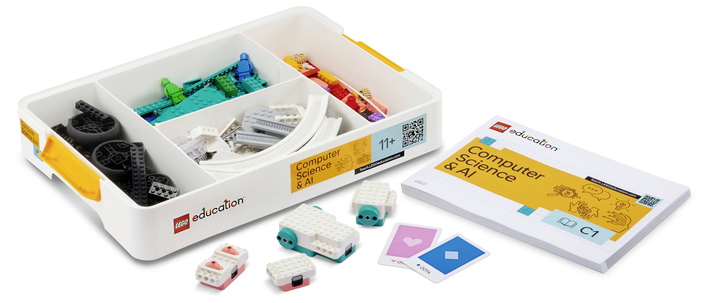 Kit Lego Education pour les 11 ans et plus, avec un livret de science et d'IA, des pièces de robotique et des cartes d'activité.