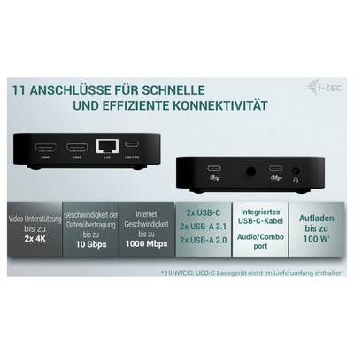 Station d'accueil i-tec avec 11 ports pour une connectivité rapide et efficace, comprenant HDMI, USB-C et LAN. Supporte 2x vidéo 4K.