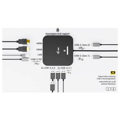 Station d'accueil USB-C affichant plusieurs ports : HDMI, USB-A, LAN et USB-C. Supporte jusqu'à deux moniteurs. Inclut un verrou Kensington.