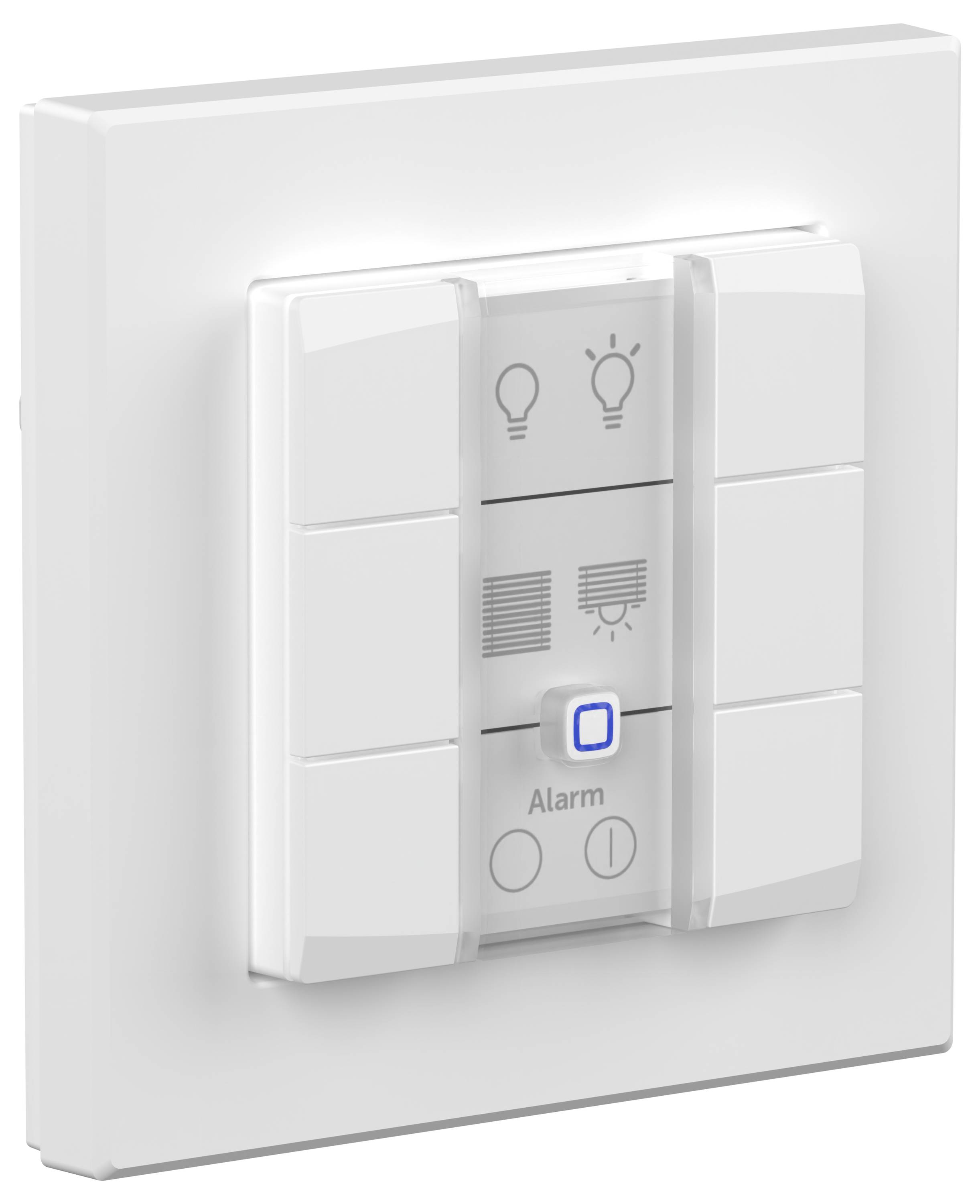 « Un panneau de contrôle mural blanc avec des boutons pour les lumières, les stores et une alarme. Chaque bouton comprend une icône pour l'identification de la fonction. »