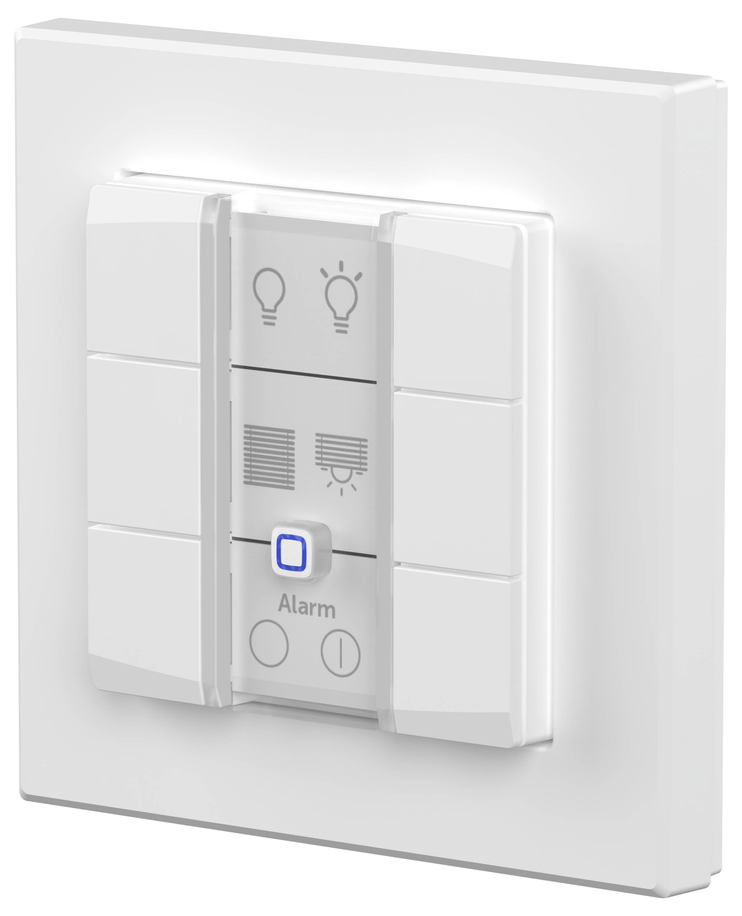 Un panneau de commutation blanc rectangulaire avec plusieurs boutons étiquetés pour l'éclairage, les stores et un bouton « Alarme », indiquant des contrôles de domotique.