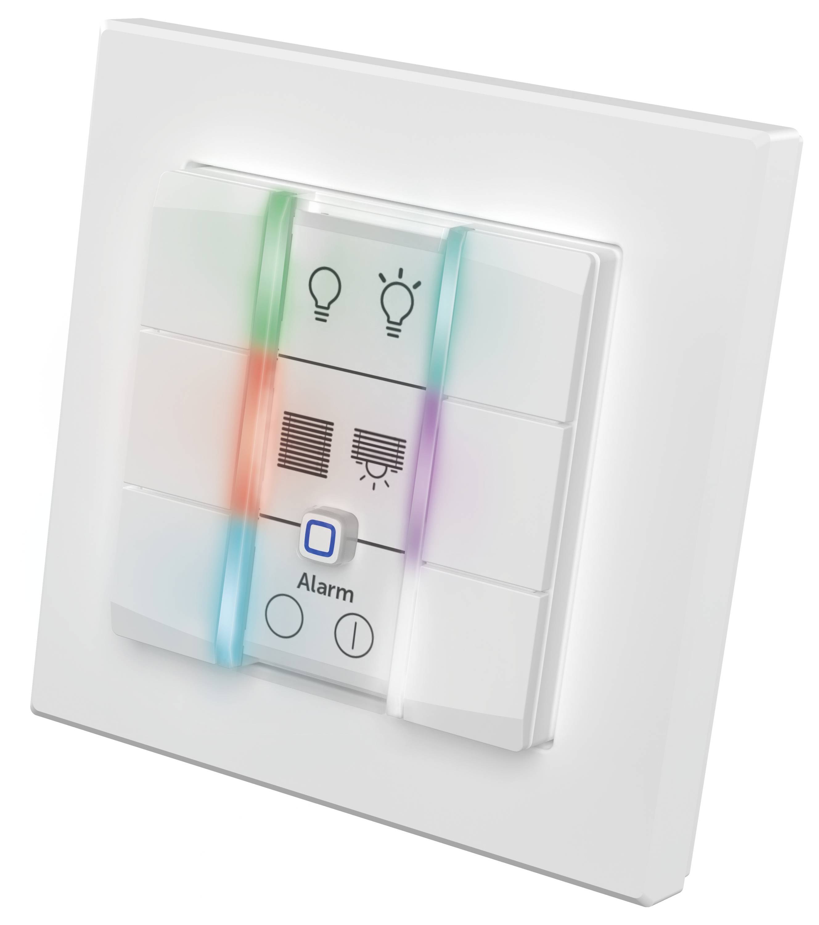 Un interrupteur mural intelligent avec des icônes pour les lumières, les stores et l'alarme, doté d'indicateurs LED multicolores pour diverses fonctions.