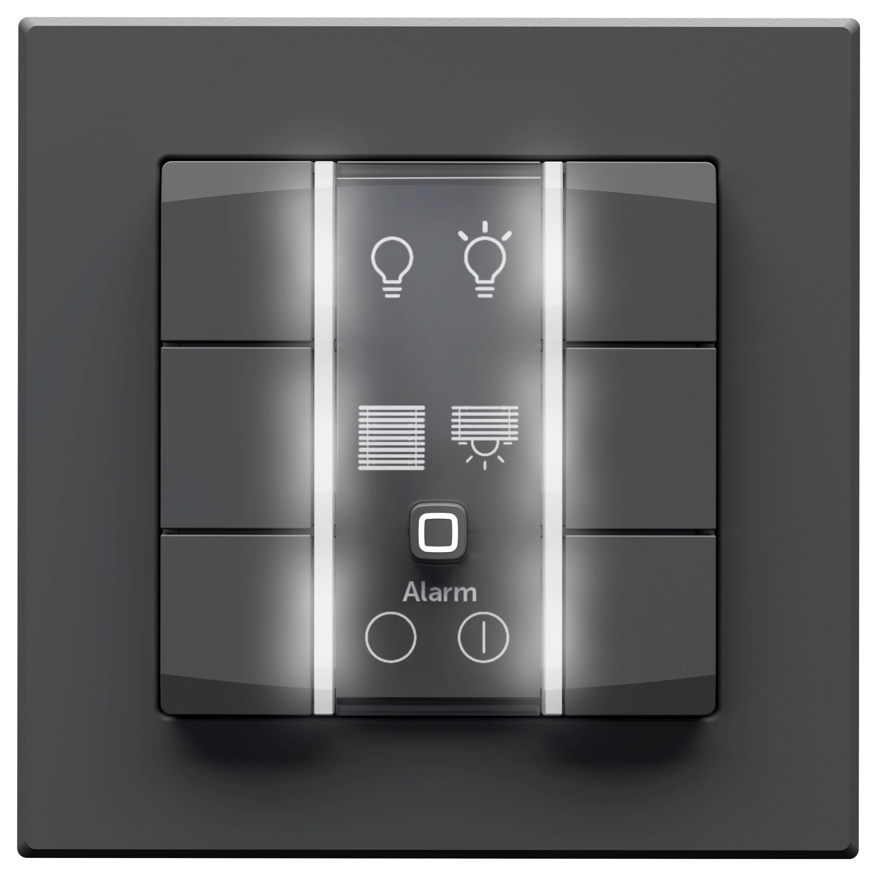 Un panneau rectangulaire sombre avec des symboles illuminés d'ampoules électriques, de stores et d'une alarme. Trois boutons contrôlent l'éclairage et les paramètres d'alarme.