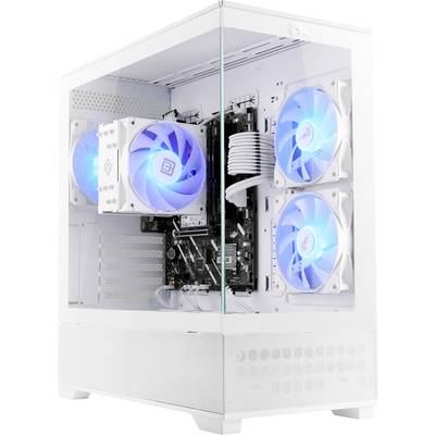 Un boîtier informatique blanc avec des panneaux transparents révélant des ventilateurs éclairés par des LED bleues et des composants internes, y compris le refroidissement et le câblage.
