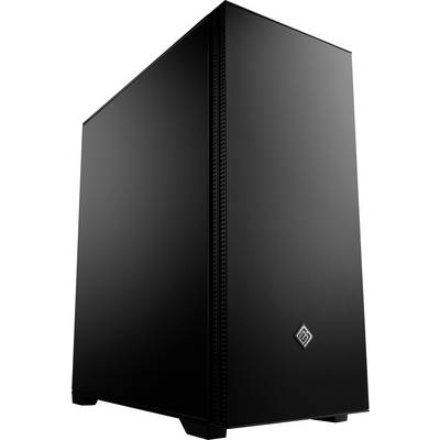Une tour d'ordinateur de bureau noire au design minimaliste avec un logo sur la façade. La tour est photographiée sous un angle bas, mettant en évidence sa construction épurée.