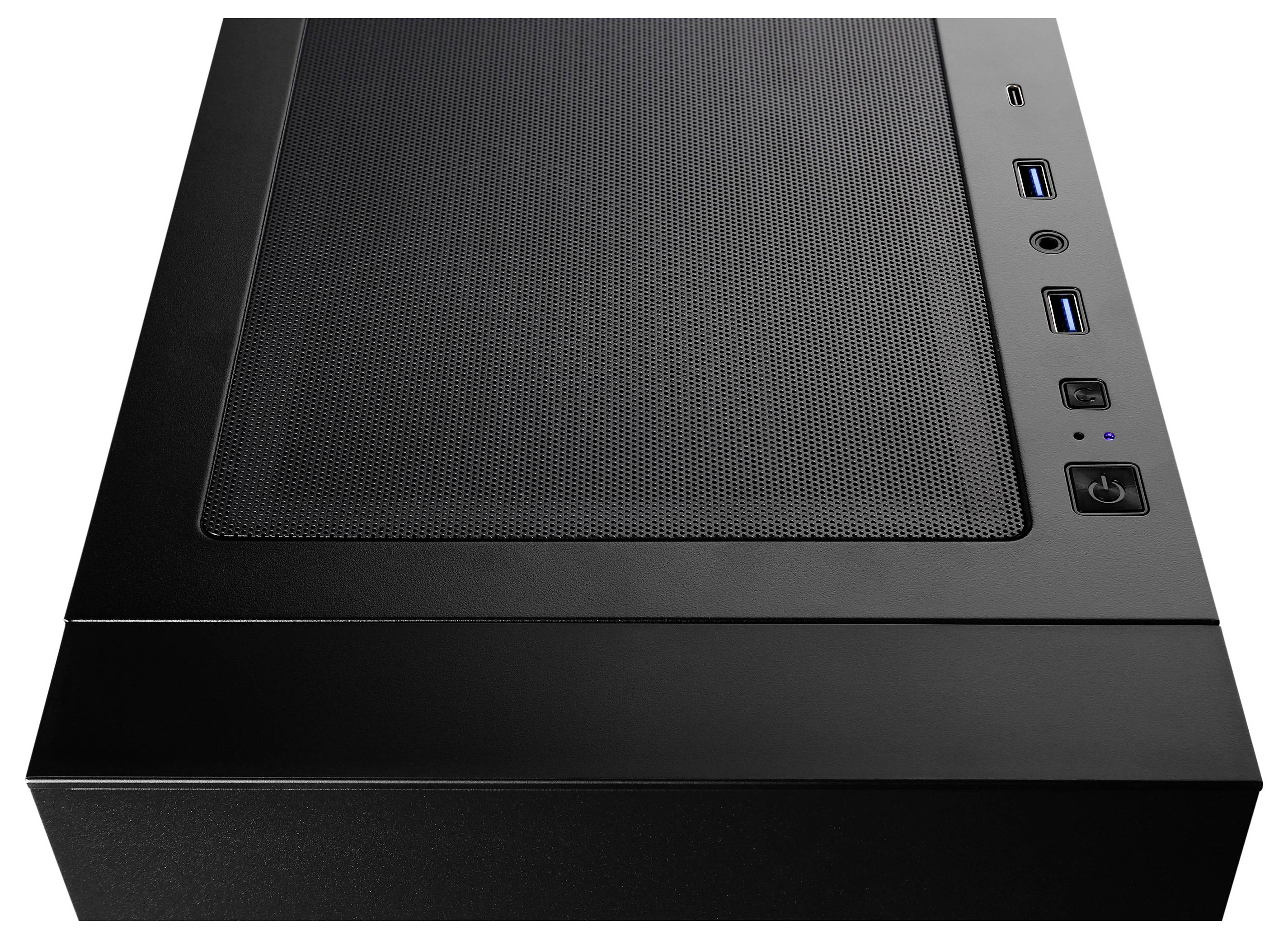 « Une vue de dessus d'un boîtier d'ordinateur montrant un panneau en maille, des ports USB, une prise audio, un bouton d'alimentation et un bouton de réinitialisation. »