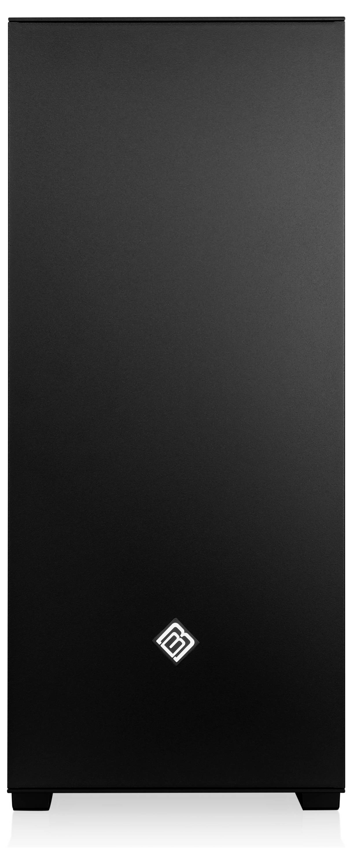 Une tour informatique noire au design minimaliste, présentant un logo blanc près du centre inférieur.