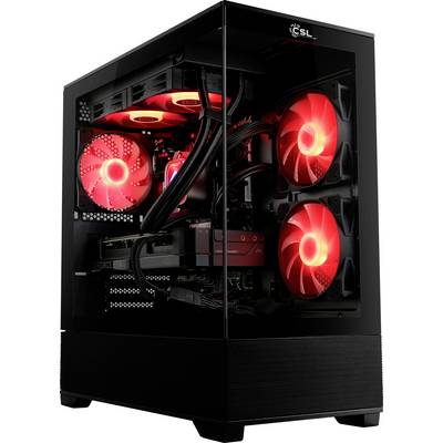 Une tour d'ordinateur noire avec un panneau latéral transparent révélant des ventilateurs de refroidissement rougeoyants et des composants internes, mettant en avant une configuration de jeu.