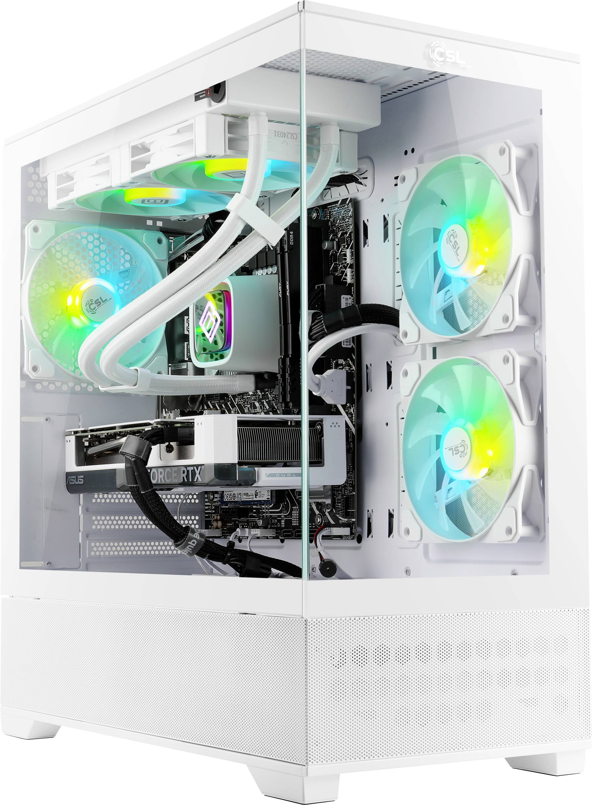 Un PC de jeu blanc avec un panneau latéral en verre révèle des ventilateurs de refroidissement éclairés RGB, un système de refroidissement liquide et des composants modernes à l'intérieur.