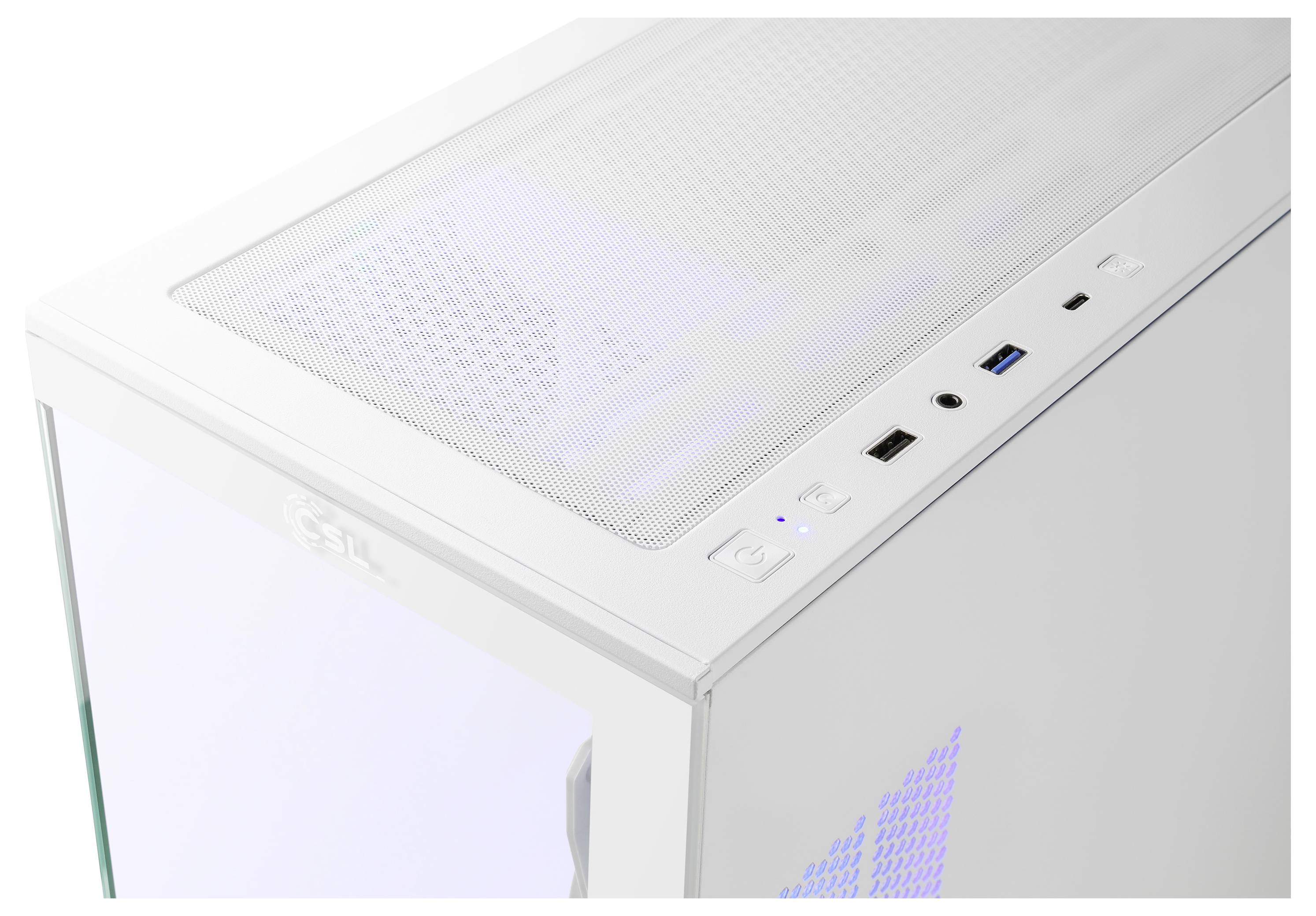 Un boîtier d'ordinateur blanc avec un panneau supérieur en maille, des ports USB et audio frontaux, et une lumière interne brillante visible à travers un panneau latéral transparent.