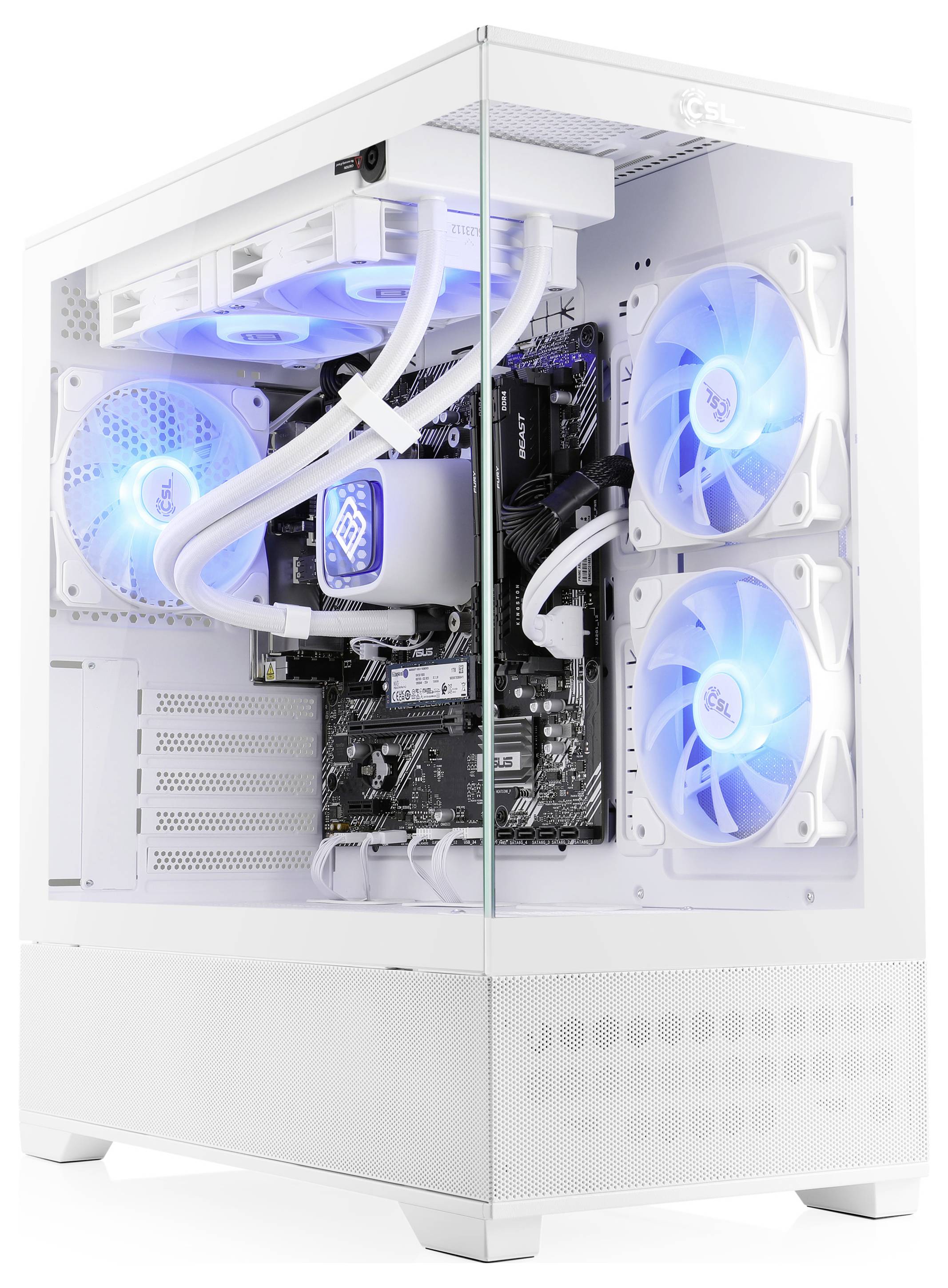 Un ordinateur de bureau blanc construit sur mesure avec trois ventilateurs de refroidissement LED bleus et des composants internes visibles, y compris le câblage et les cartes de circuit.