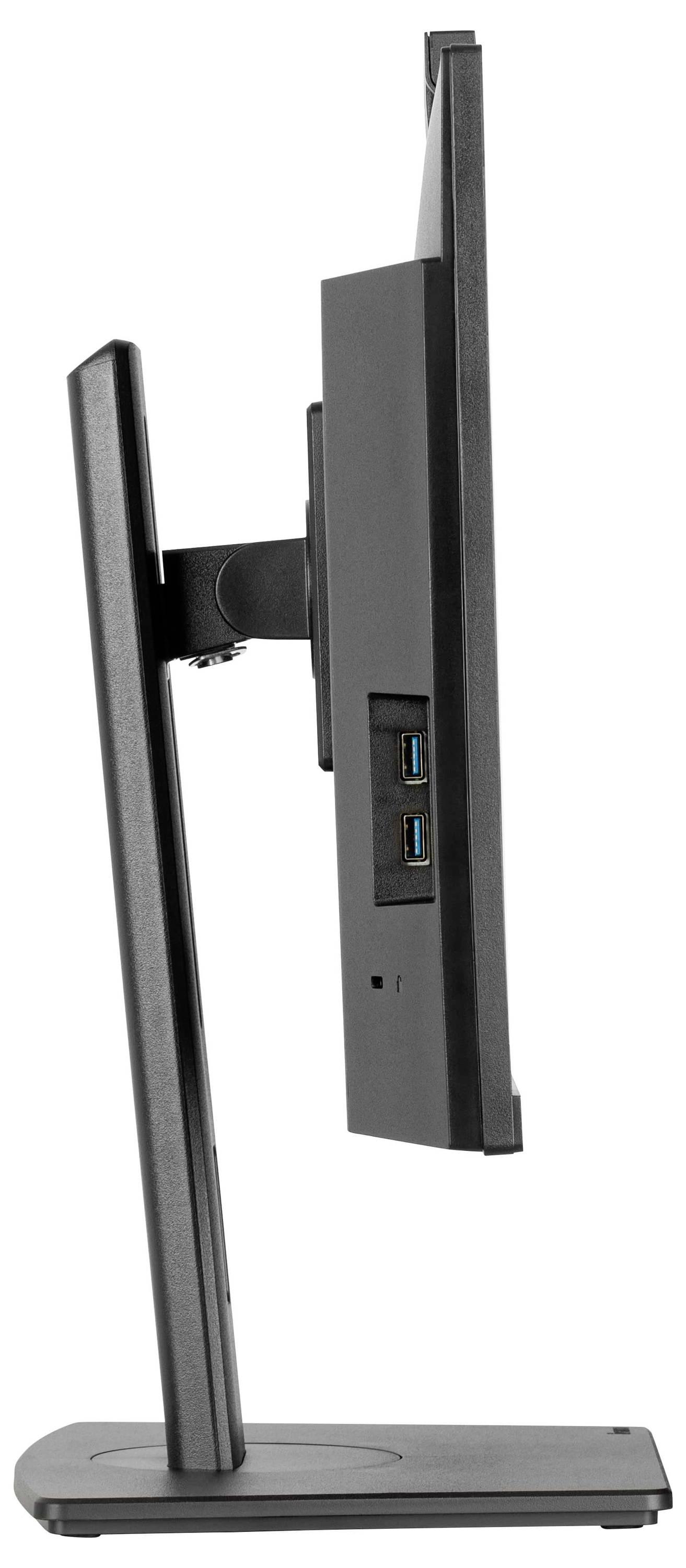 Une vue latérale d'un moniteur d'ordinateur à écran plat au design élancé, montrant deux ports USB sur le côté et un support robuste.