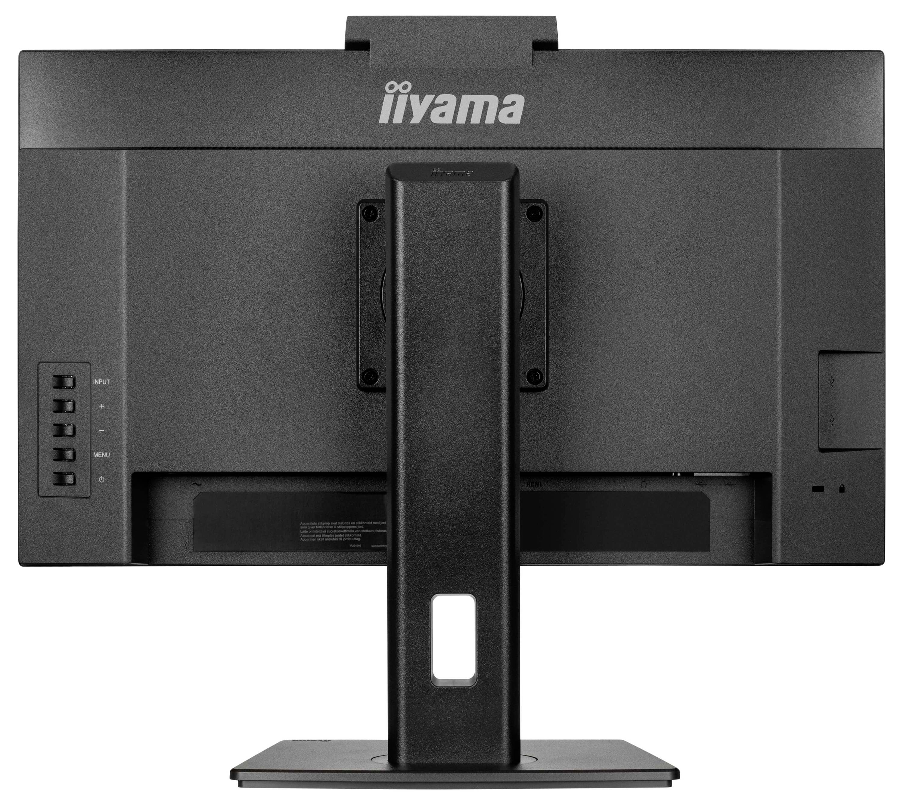 Un moniteur noir iiyama vu de l'arrière, montrant les boutons et le support, avec la marque visible en haut de l'écran.