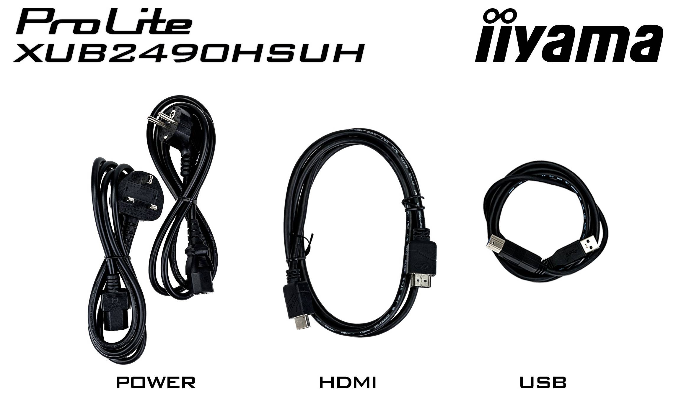 'Câbles du moniteur Iiyama ProLite T5529AS : Les câbles d'alimentation, HDMI et RS-232C sont présentés, essentiels pour la connectivité et la configuration.'