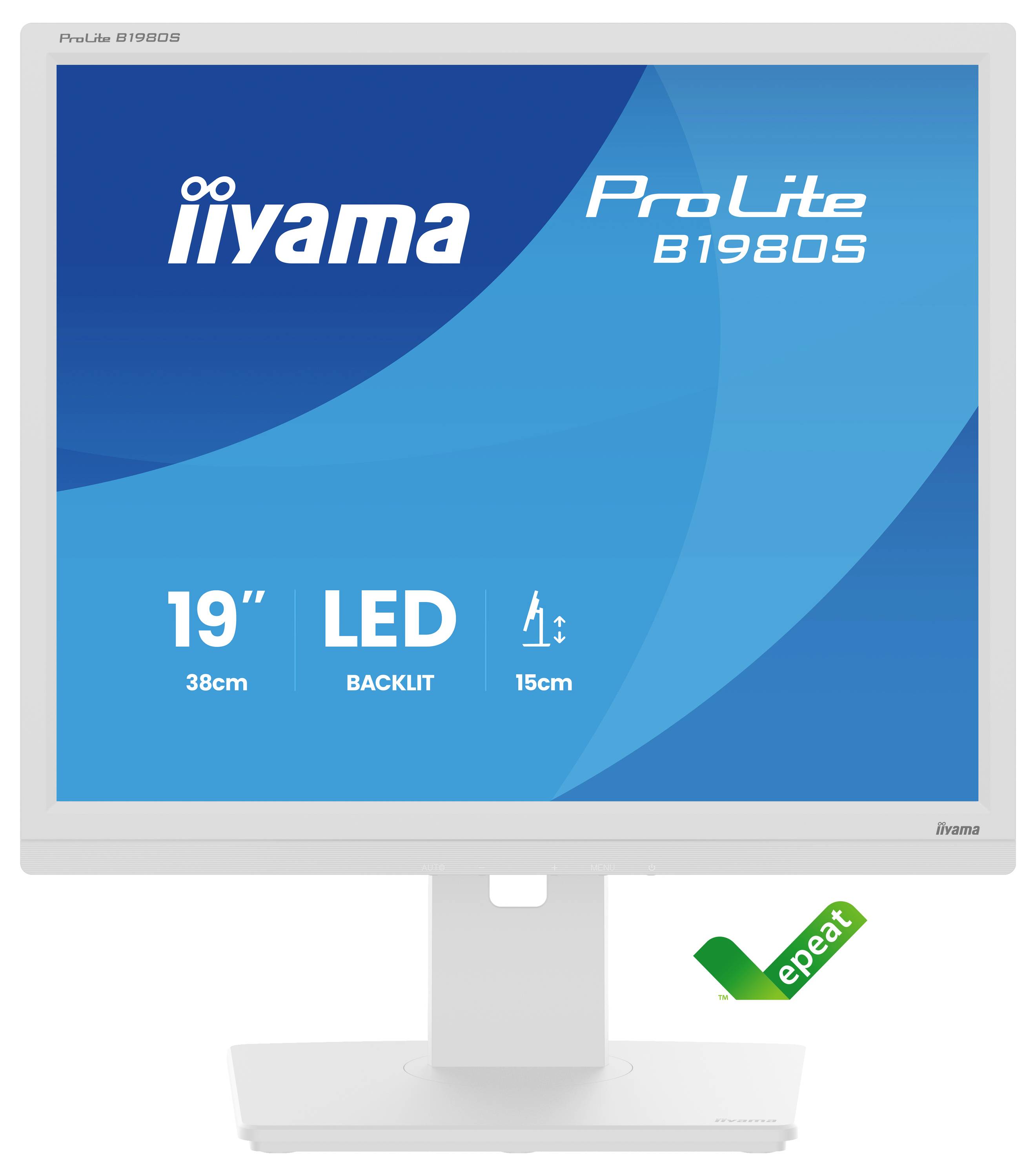 Écran moniteur Iiyama ProLite B1980S affichant « 19" LED rétroéclairé 15cm » avec le logo de certification écologique EPEAT.