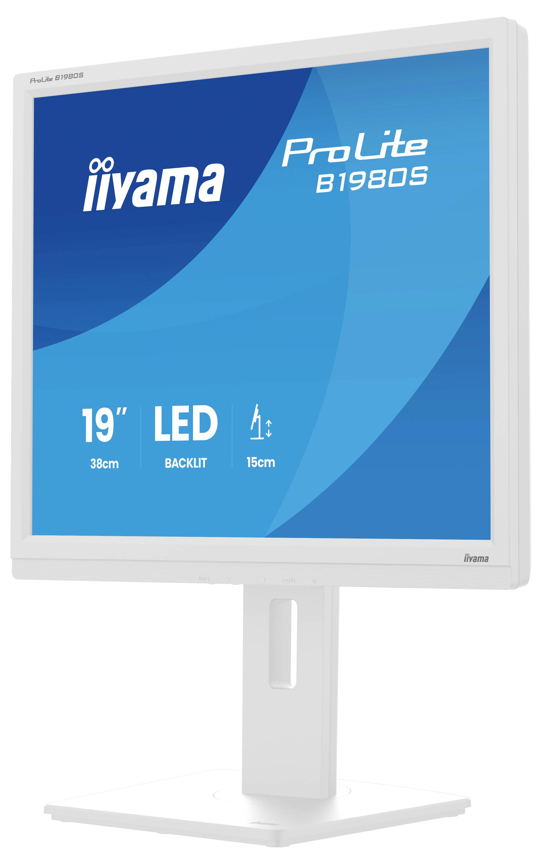 Un moniteur iiyama ProLite B1980S LED de 19 pouces avec un socle réglable en hauteur, présentant un écran bleu affichant les spécifications.