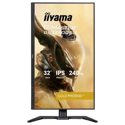 Moniteur de jeu 'G-Master GB329QSU 32" IPS 240Hz Gold Phoenix' par Iiyama, présentant un design de casque futuriste sur son écran.