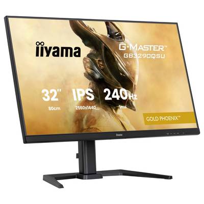 Un moniteur iiyama G-Master 32 pouces avec une résolution de 2560x1440, un écran IPS, un taux de rafraîchissement de 240Hz, présenté avec un arrière-plan « Gold Phoenix ».