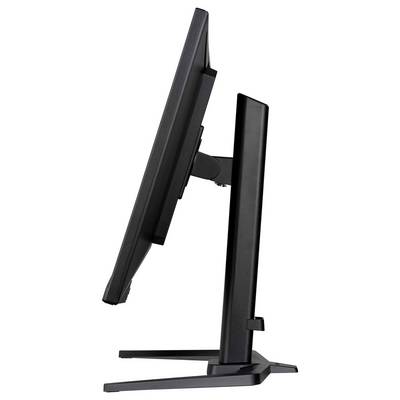 Vue latérale d'un moniteur d'ordinateur moderne et fin en noir, montrant son design épuré et son support réglable.