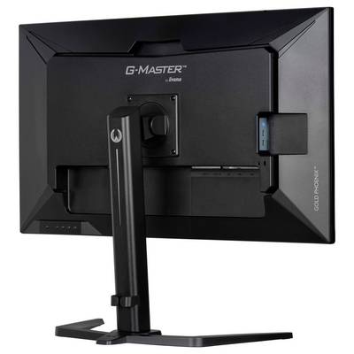 Vue arrière d'un moniteur de jeu noir étiqueté « G-Master » sur un pied avec des ports visibles et des boutons de contrôle.