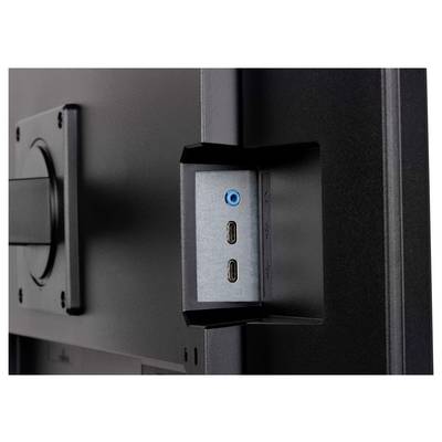 Ports sur le côté d'un moniteur informatique, y compris deux ports USB-C et une prise audio.