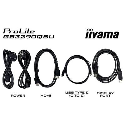 Les câbles du « ProLite GB3290QSU » affichés : alimentation, HDMI, USB Type C (C à C) et port d'affichage, étiquetés et disposés horizontalement.