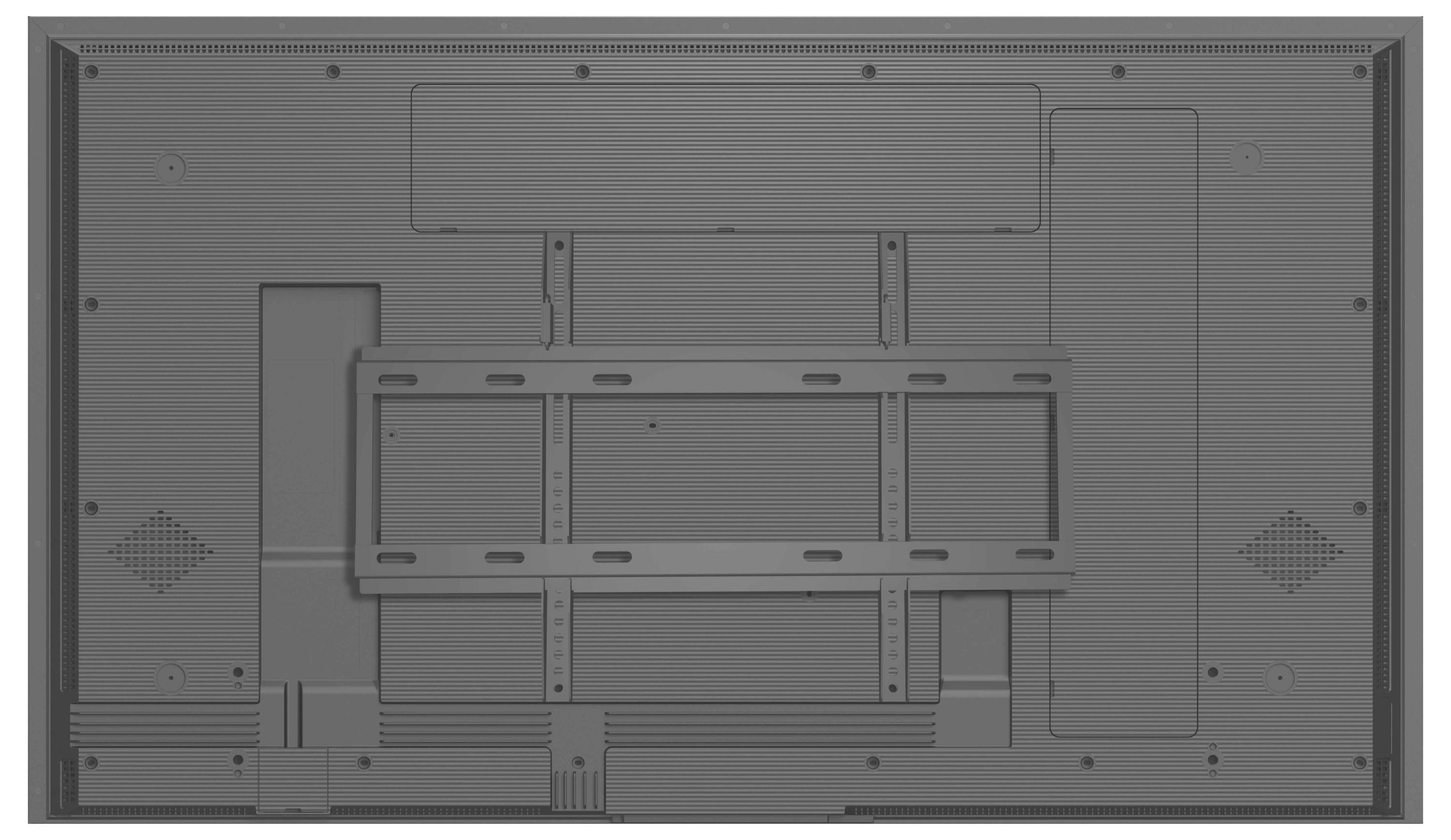 Vue arrière d'un téléviseur à écran plat montrant le panneau avec les supports de montage et les grilles de ventilation, illustrant la configuration pour une installation murale.