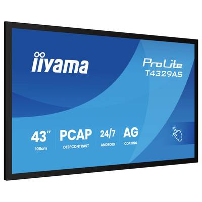 Écran tactile avec marque « iiyama ProLite T4329AS », caractéristiques énumérées : 43 », PCAP, contraste profond, Android 24/7, revêtement AG.