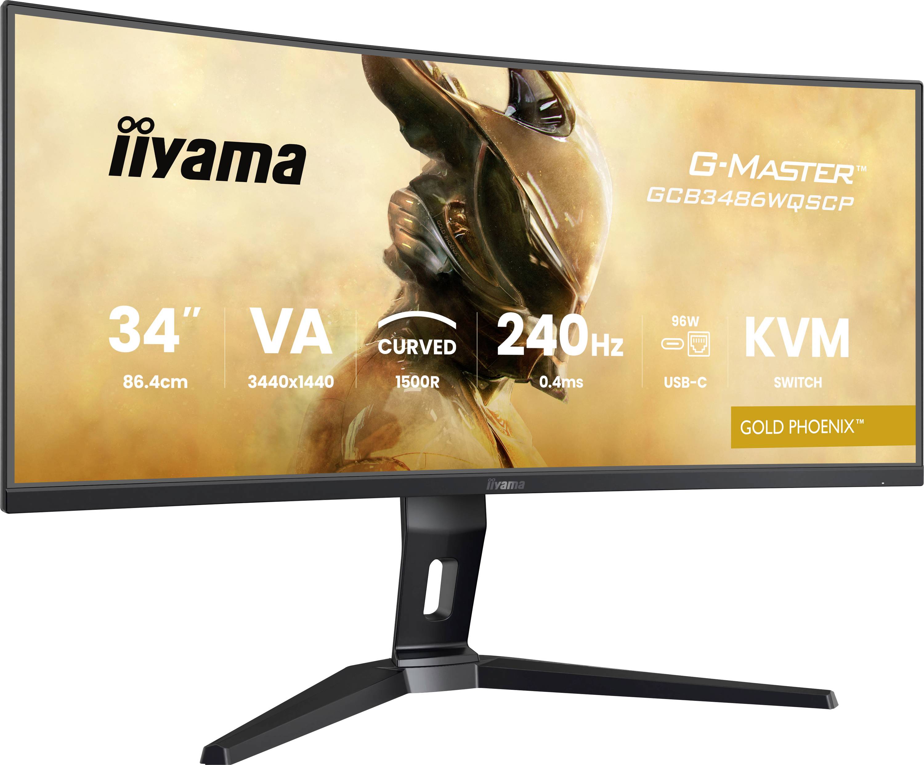 Moniteur ultra-large iiyama, écran incurvé 34", résolution 3440x1440, taux de rafraîchissement 240Hz, dalle VA, commutateur KVM, modèle G-Master Gold Phoenix.