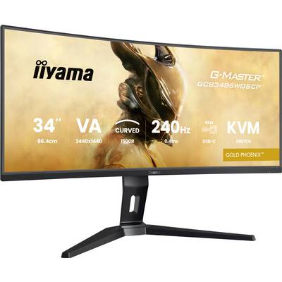 Moniteur ultra-large iiyama, écran incurvé 34", résolution 3440x1440, taux de rafraîchissement 240Hz, dalle VA, commutateur KVM, modèle G-Master Gold Phoenix.