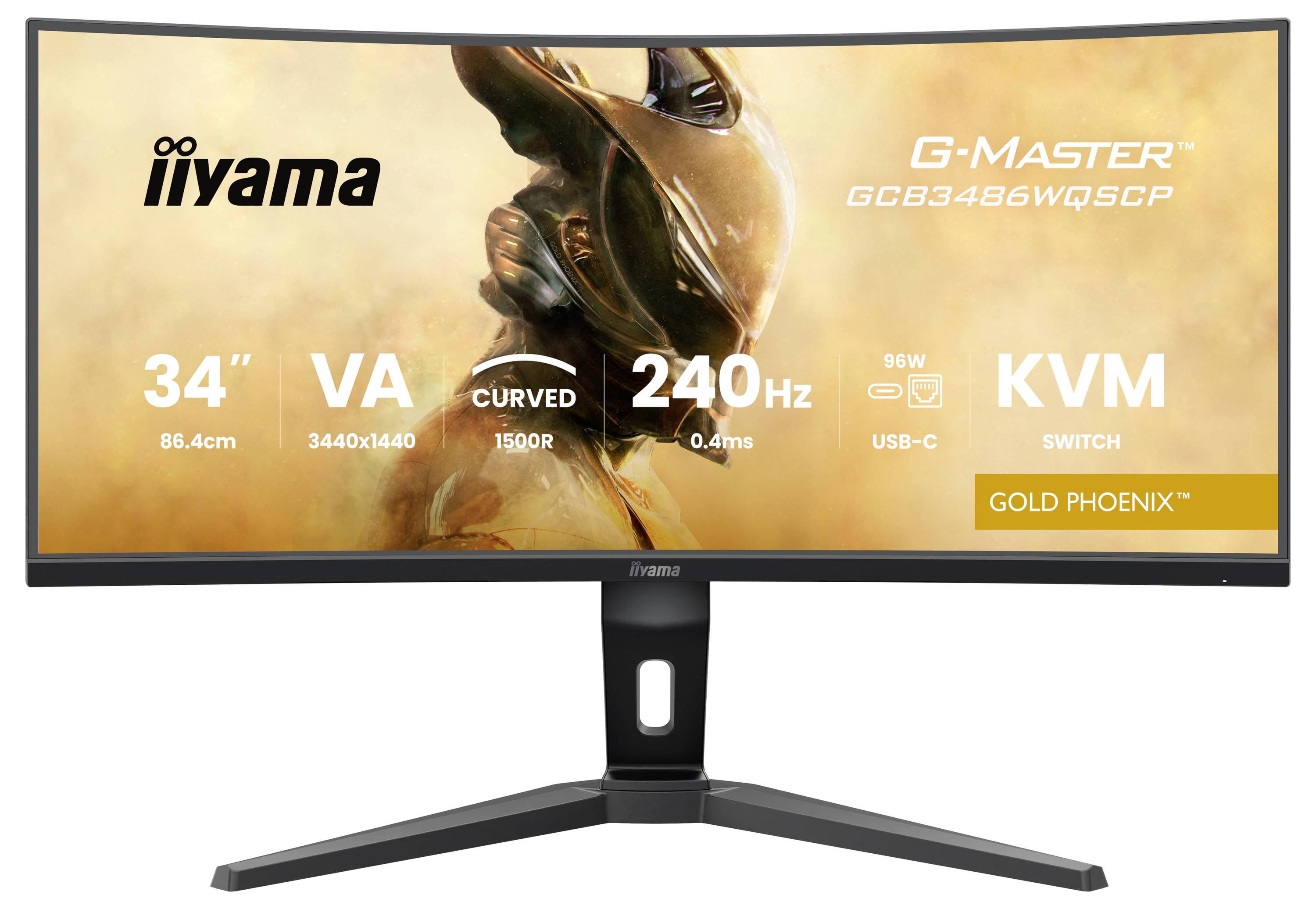 Moniteur incurvé Iiyama G-Master 34" avec résolution 3440x1440, taux de rafraîchissement 240Hz, commutateur KVM, USB-C, modèle Gold Phoenix.