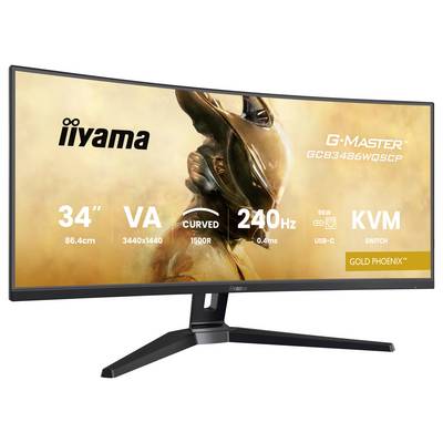 Un moniteur incurvé grand écran avec spécifications : 34" VA 3440x1440, 240Hz, 0,4ms, commutateur KVM, modèle G-Master Gold Phoenix, affiché à l'écran.