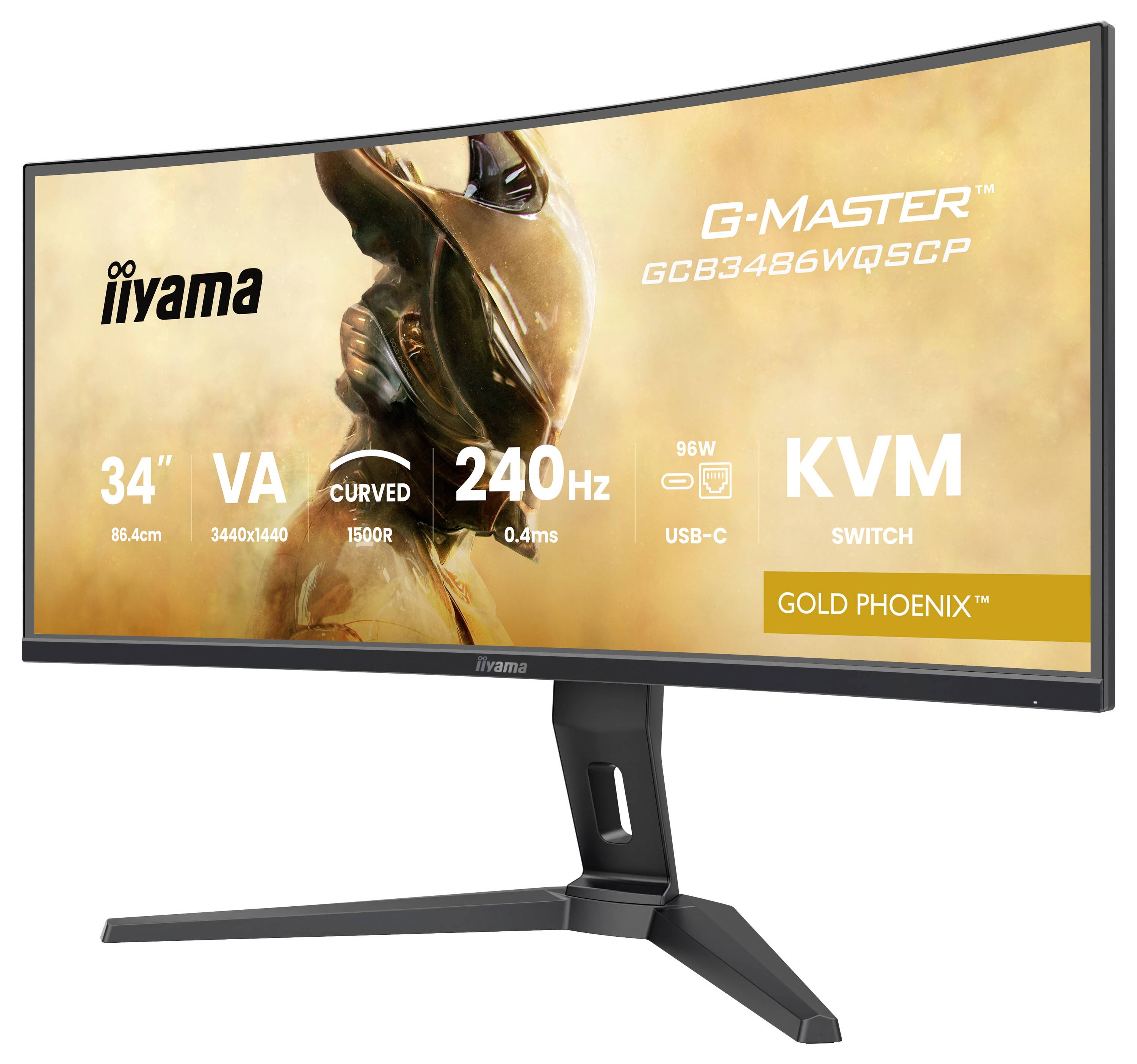 Moniteur iiyama G-Master GOLD PHOENIX avec écran incurvé de 34 pouces, résolution 3440x1440, taux de rafraîchissement 240Hz et commutateur KVM.