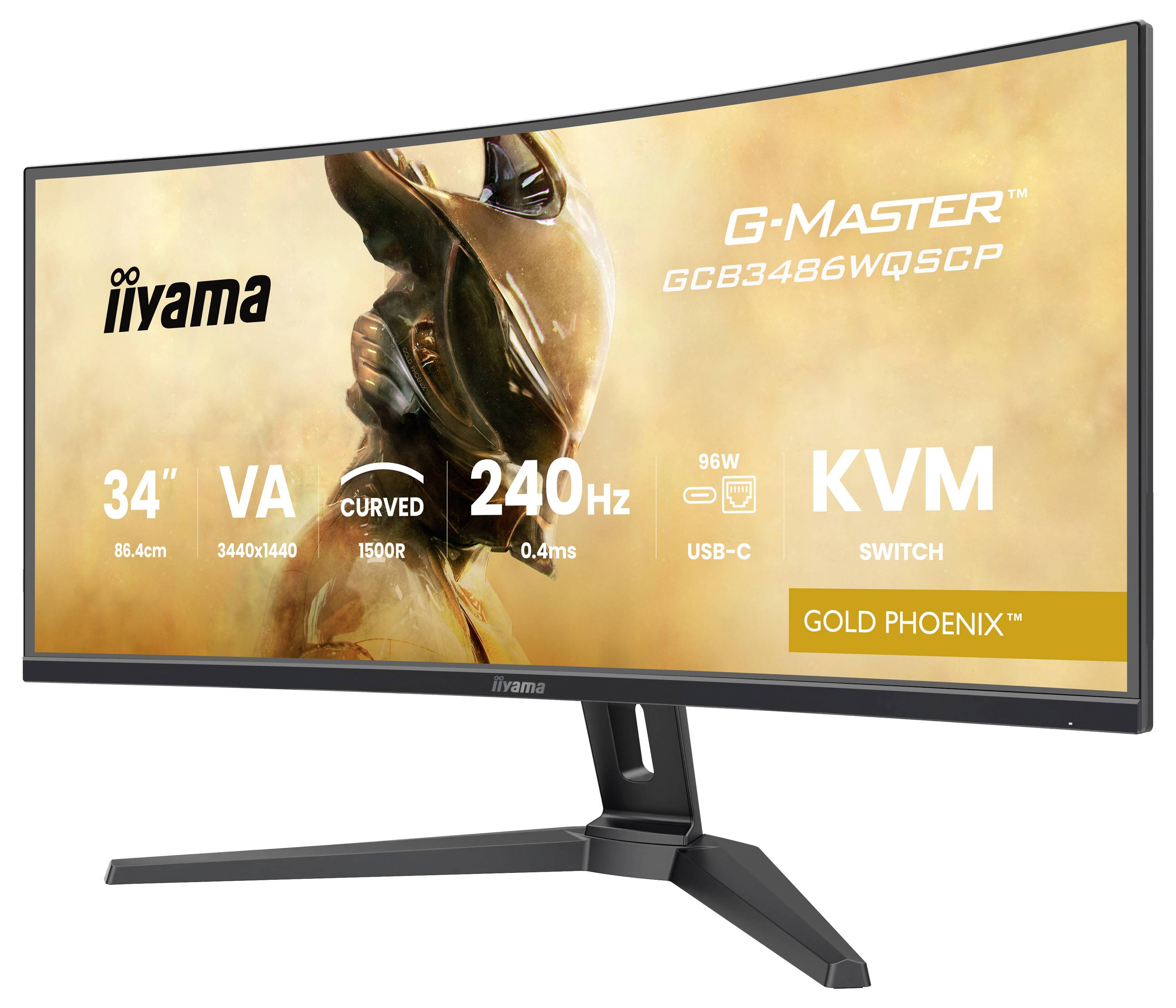 Moniteur Iiyama G-Master Gold Phoenix, 34" incurvé, résolution 3440x1440, 240Hz, temps de réponse 0,4ms, dalle VA, USB-C et commutateur KVM.