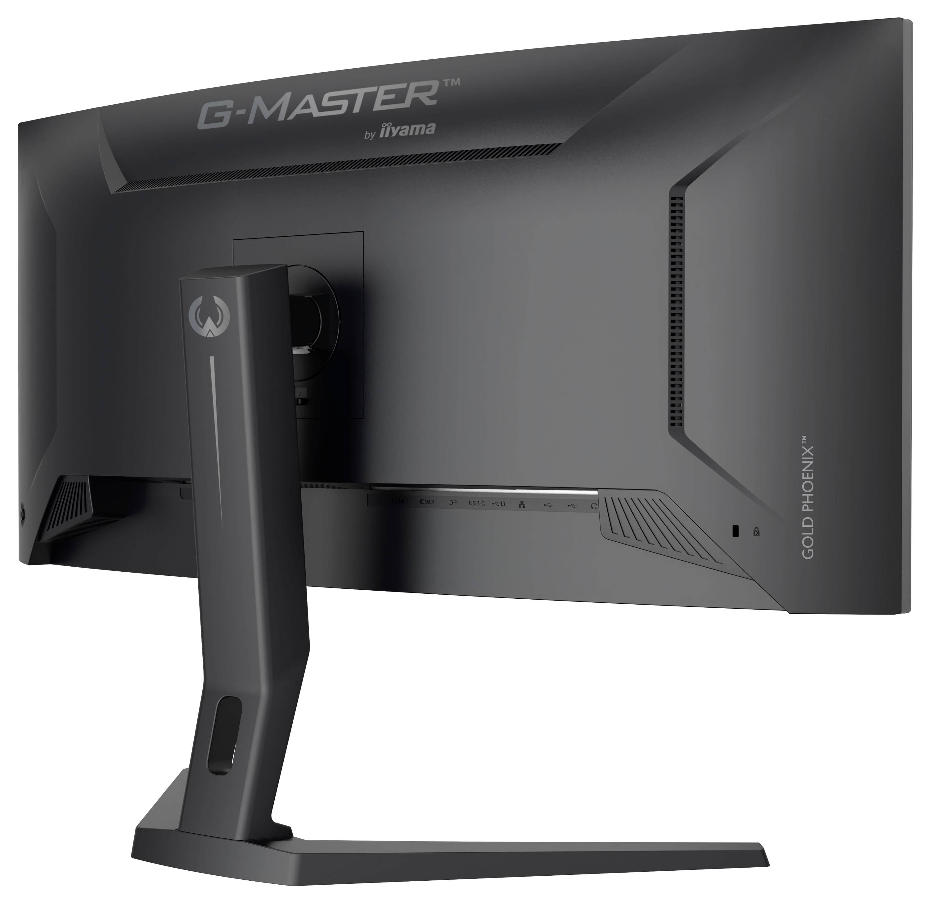 Un moniteur d'ordinateur iiyama G-Master Gold Phoenix noir, montré de l'arrière, présentant un support robuste et un design épuré.