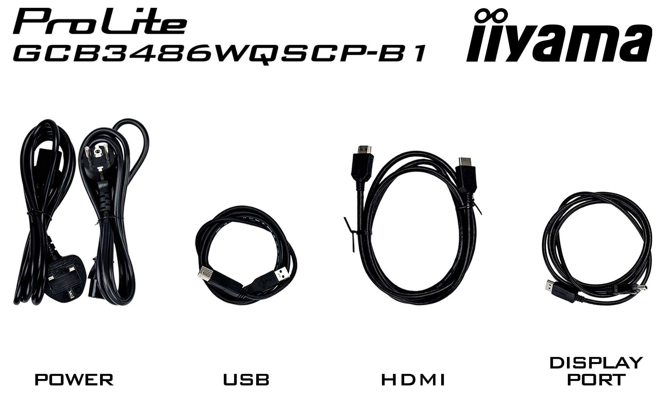 Quatre câbles sont affichés : étiquetés « Power », « USB », « HDMI » et « Display Port », sous la marque « ProLite » avec le modèle « GCB3486WQSCP-B1 ».