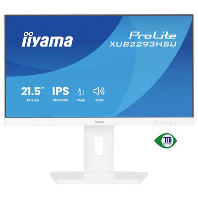 Moniteur informatique avec texte « ProLite XUB2293HSU 21,5" IPS, 1920x1080 », présentant un cadre blanc et le logo de certification TCO.