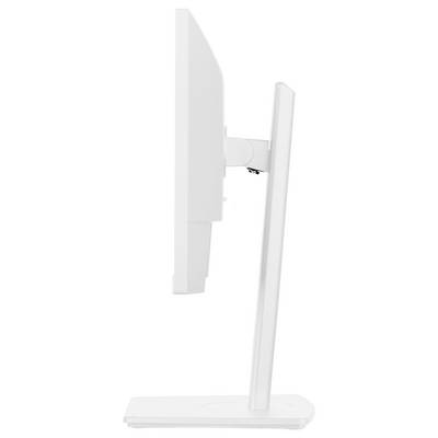 Un moniteur d'ordinateur écran plat blanc vu de profil, montrant son profil fin et son support ajustable.