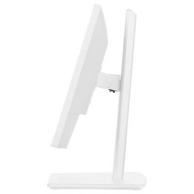 Une vue latérale d'un écran d'ordinateur blanc moderne et élancé avec une base rectangulaire. L'écran est légèrement incliné vers l'arrière sur son support.