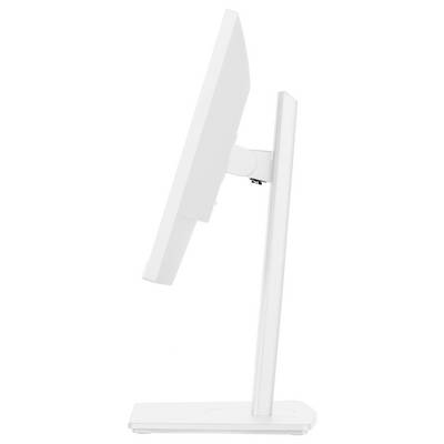Vue latérale d'un moniteur informatique blanc, épuré et moderne, avec un profil fin sur un socle assortissant. L'écran est orienté verticalement avec un design minimaliste.