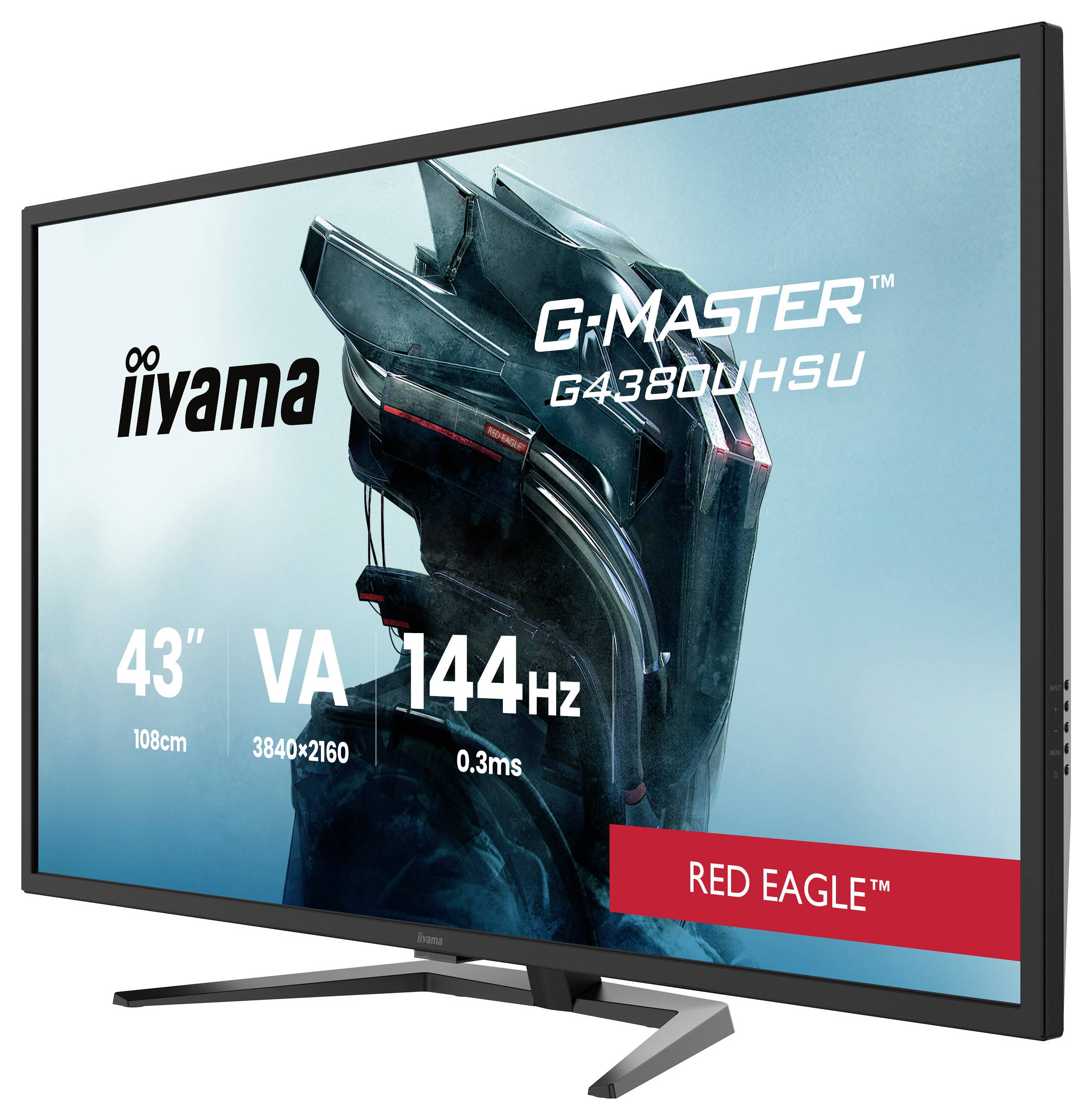 'Moniteur iiyama G-Master 43", modèle G4380UHSU, résolution 3840x2160, VA, 144Hz, série Red Eagle, doté d'un design de casque futuriste.'