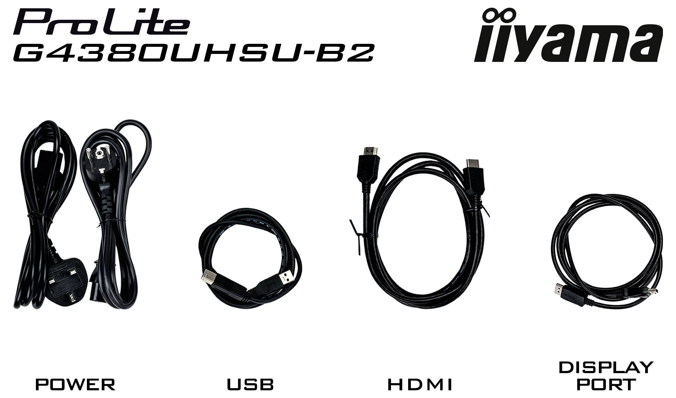Câbles du moniteur iiyama ProLite G4380UHSU-B2 : câble d'alimentation, câble USB, câble HDMI et câble DisplayPort. Étiquetés pour l'identification.
